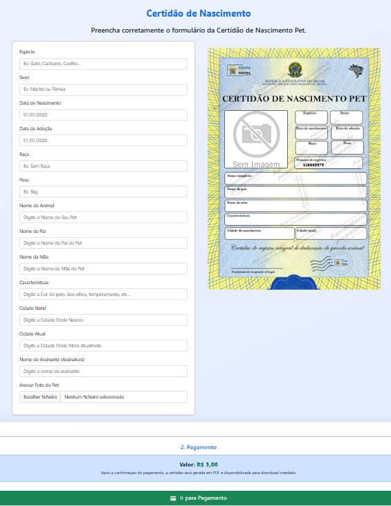 Tela de criação da Certidão Pet